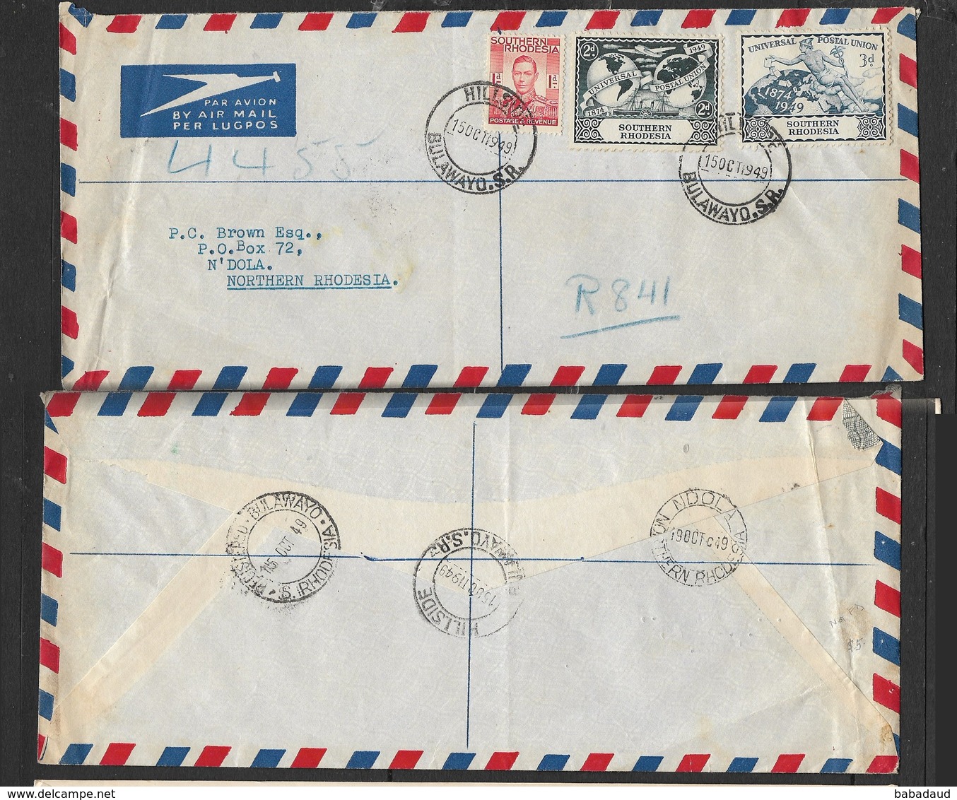 S.Rhodesia, Registered Air Mail Cover, HILLSIDE BULAWAYO S.R. 15 OCT 1949 > NDOLA N. RHODESIA19 OCT 49, - Rhodesia (1964-1980)