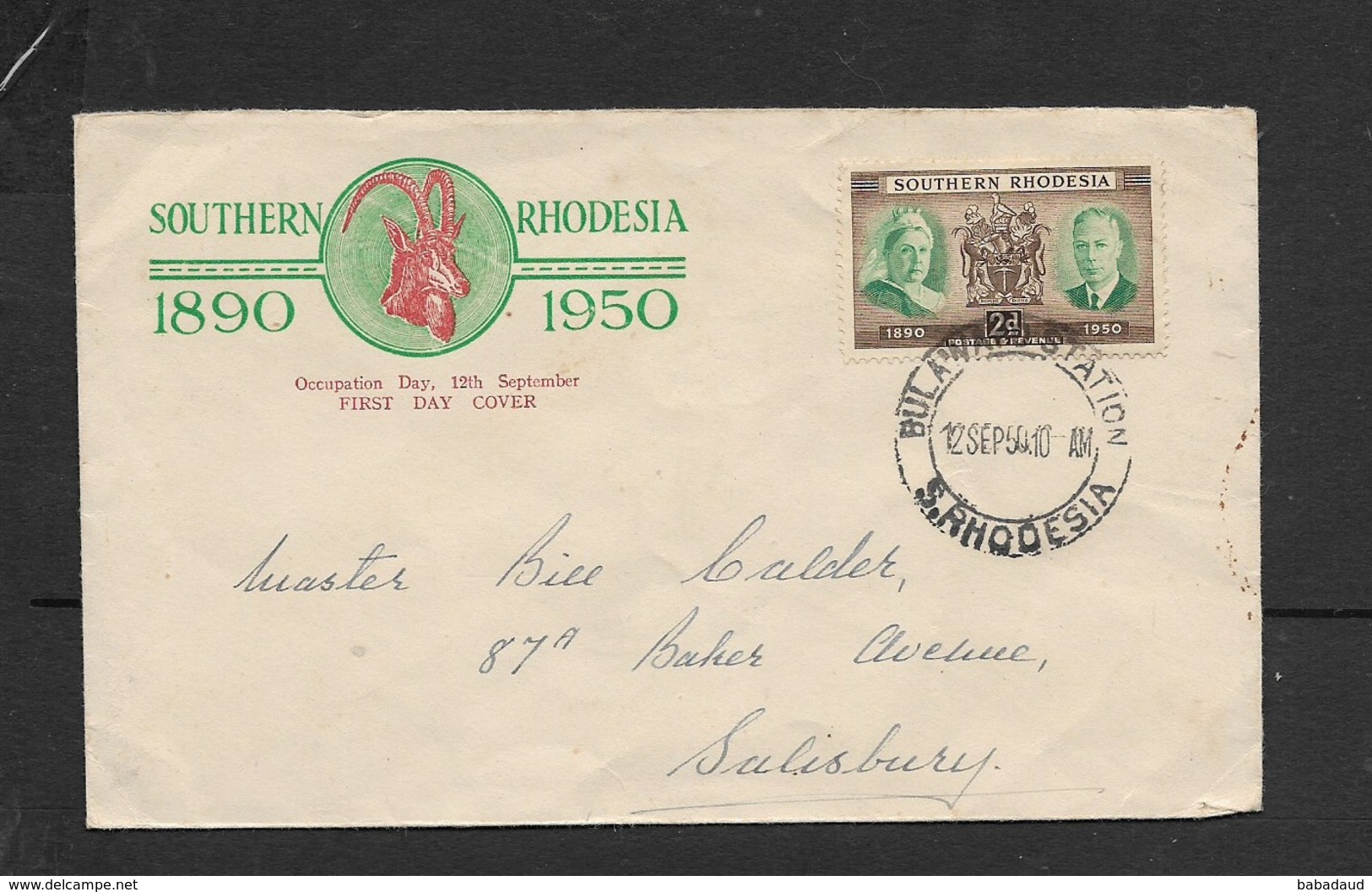 S. Rhodesia, First Day Cover, Occupation Day, 1890 - 1950, BULAWAYO STATION S. RHODESIA  12 SP 50 > Salisbury - Southern Rhodesia (...-1964)