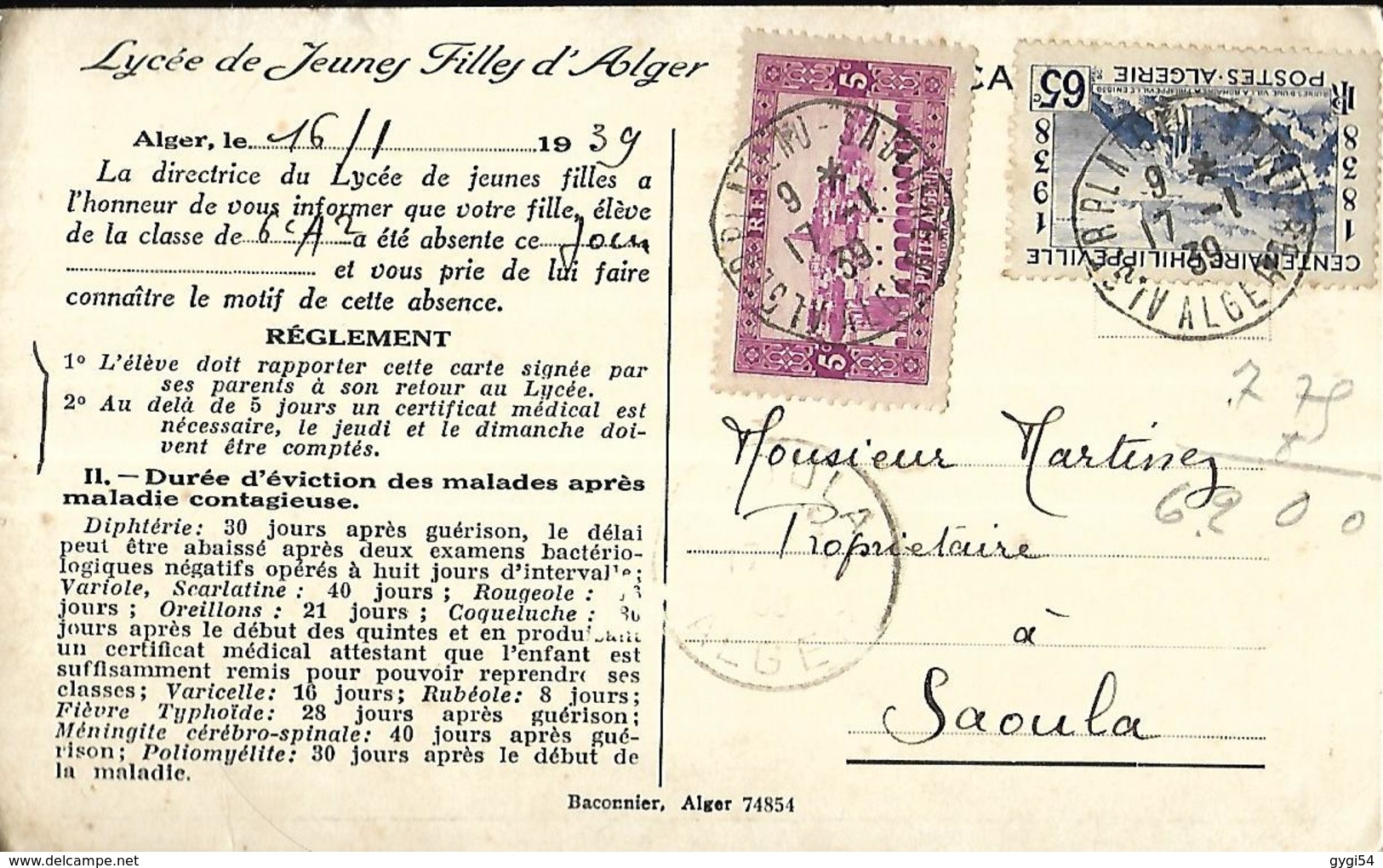 Alger     Lycée De Jeunes Filles / Bulletin D'absence Et Réglement   17 01  1939 Vers Saoula Affranchissement 70 C - Szenen