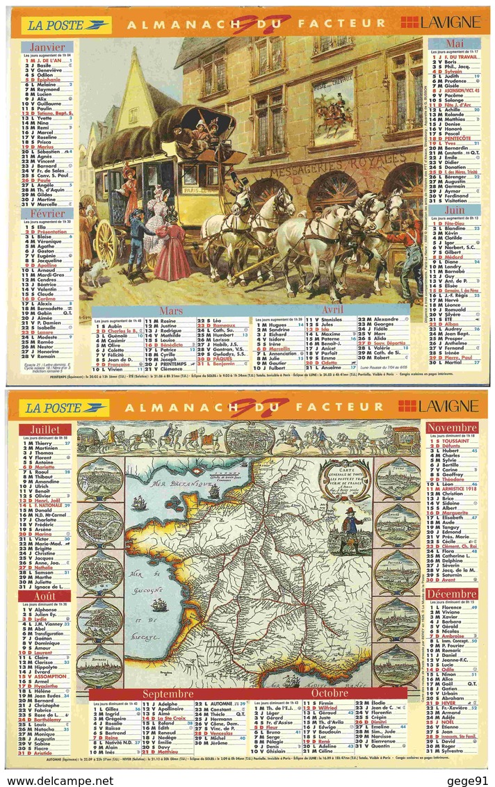 Calandrier Lavigne De 1997 - Malle Poste - Carte Des Routes De Poste En 1626 - Grand Format : 1991-00