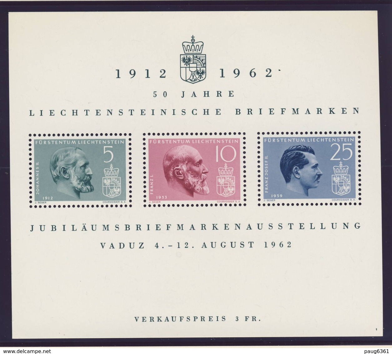 LIECHTENSTEIN 1962  BLOC  50 ANS DU TIMBRE  YVERT N°B9  NEUF MNH** - Blocks & Sheetlets & Panes