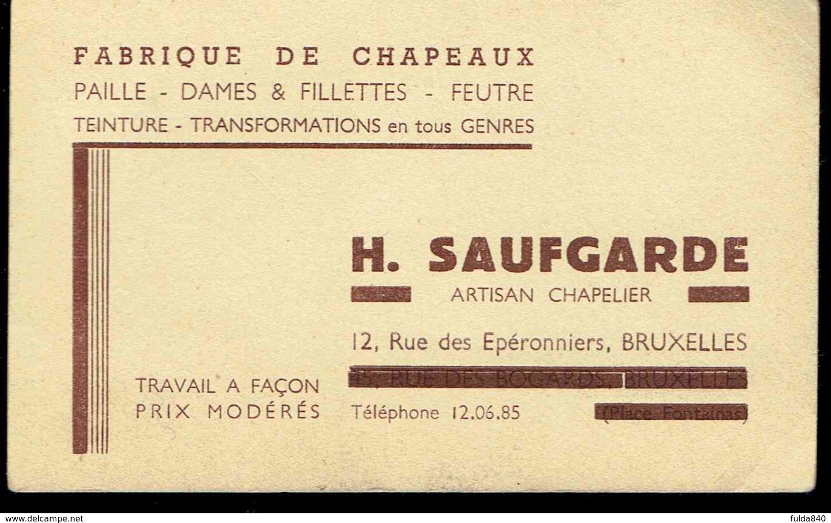 Carte De Visite.  H. SAUFGARDE. Fabique De Chapeaux.  Bruxelles. - Cartes De Visite