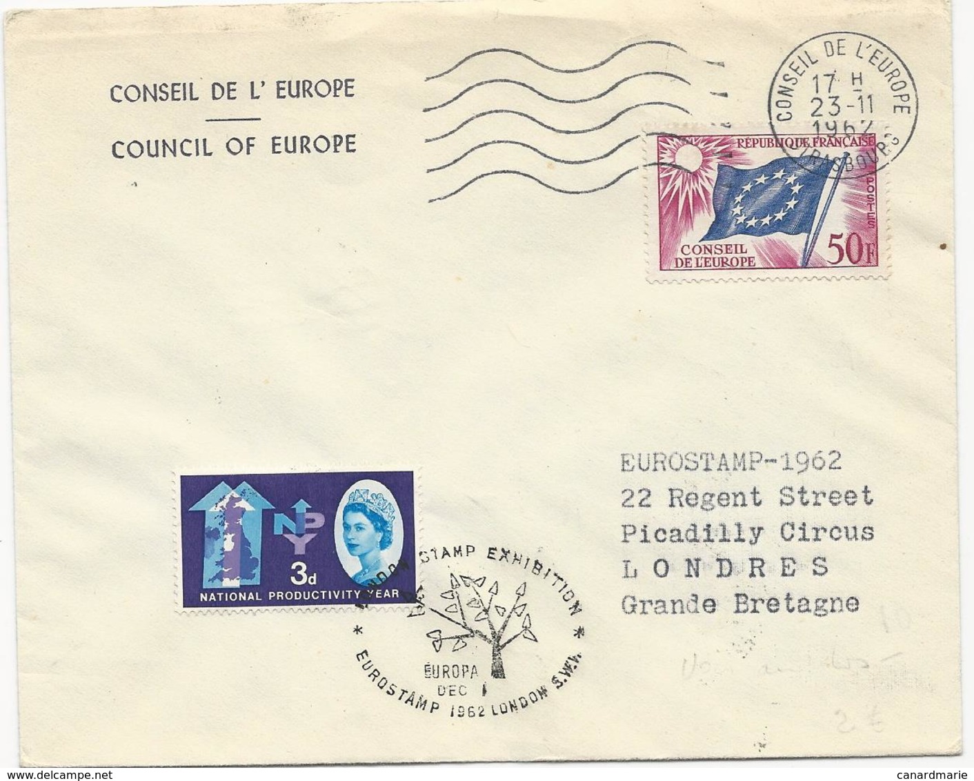 LETTRE 1962 AVEC TIMBRE A 50 FR CONSEIL DE L'EUROPE ET 4 TIMBRES ANGLAIS - Lettres & Documents