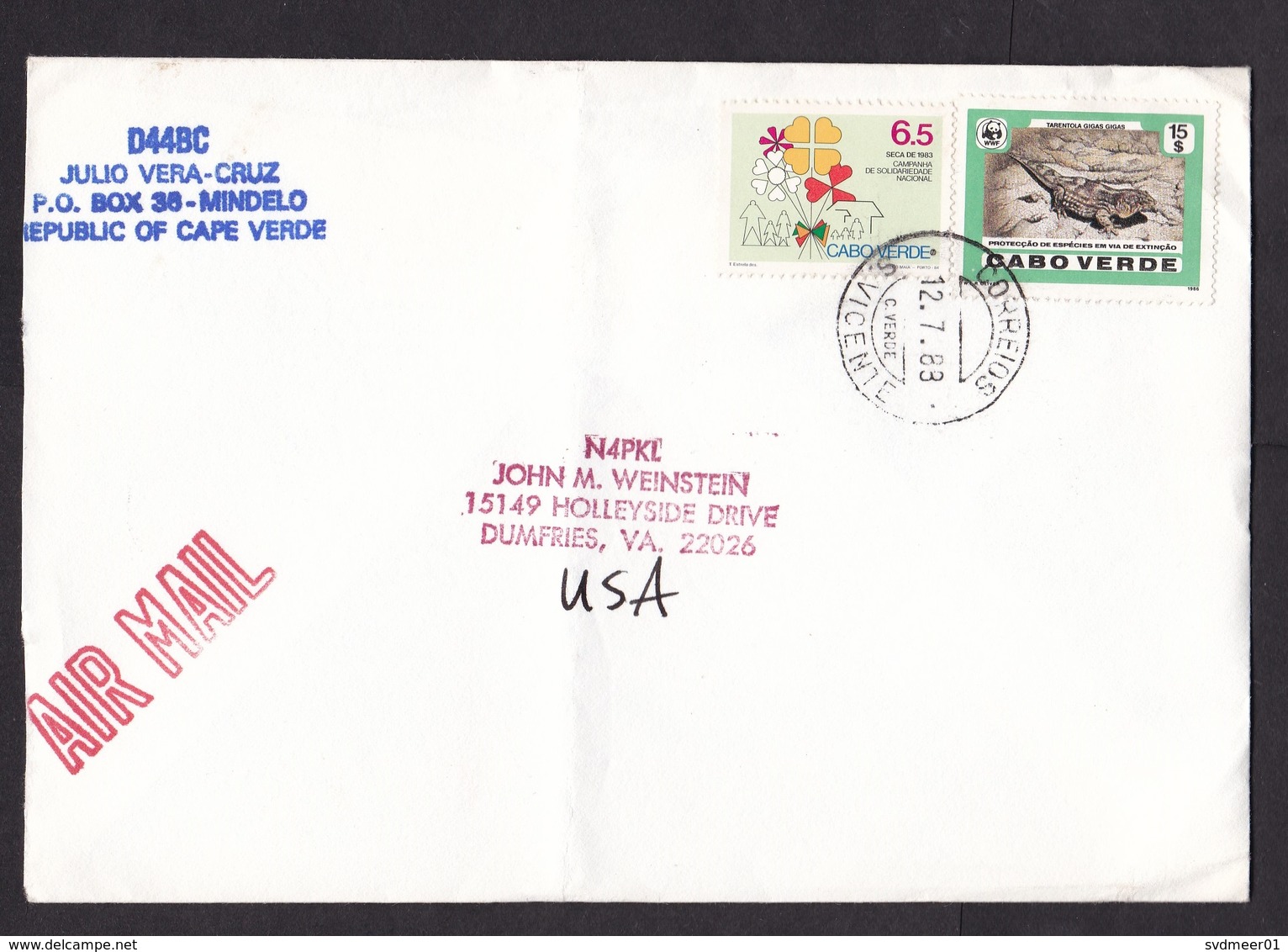 Cabo Verde: Airmail Cover To USA, 1988, 2 Stamps, WWF, Gecko, Reptile, Animal, Rare Real Use (minor Damage) - Kaapverdische Eilanden