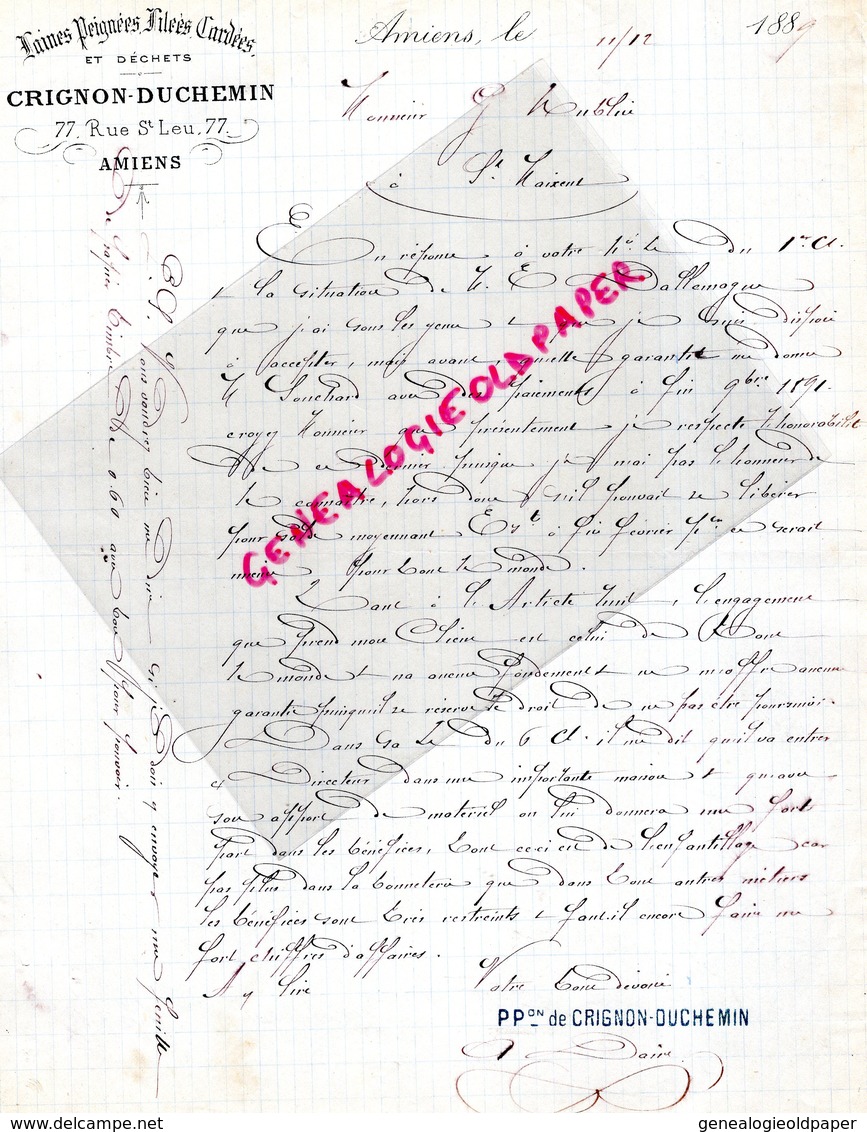 80- AMIENS- RARE LETTRE MANUSCRITE SIGNEE CRIGNON-DUCHEMIN- LAINES PEIGNEES -77 RUE SAINT LEU- 1889 - 1800 – 1899