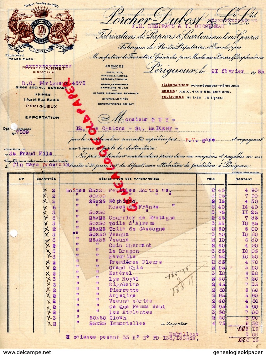 24- PERIGUEUX- RARE FACTURE PORCHER DUBOST- DESPRATS DUCOMBEAU-1925 FABRICATIONS PAPIERS CARTONS-PAPETERIE CARTONNERIE - Imprenta & Papelería