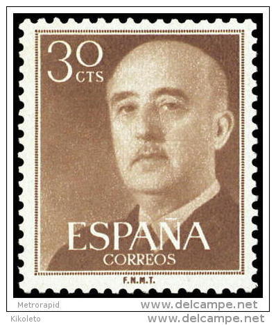 ESPAÑA AÑO 1955 EDIFIL 1147 ** MNH - GENERAL FRANCO - 30 Cts -  Sello Nuevo Sin Señal De Fijasellos - Nuevos