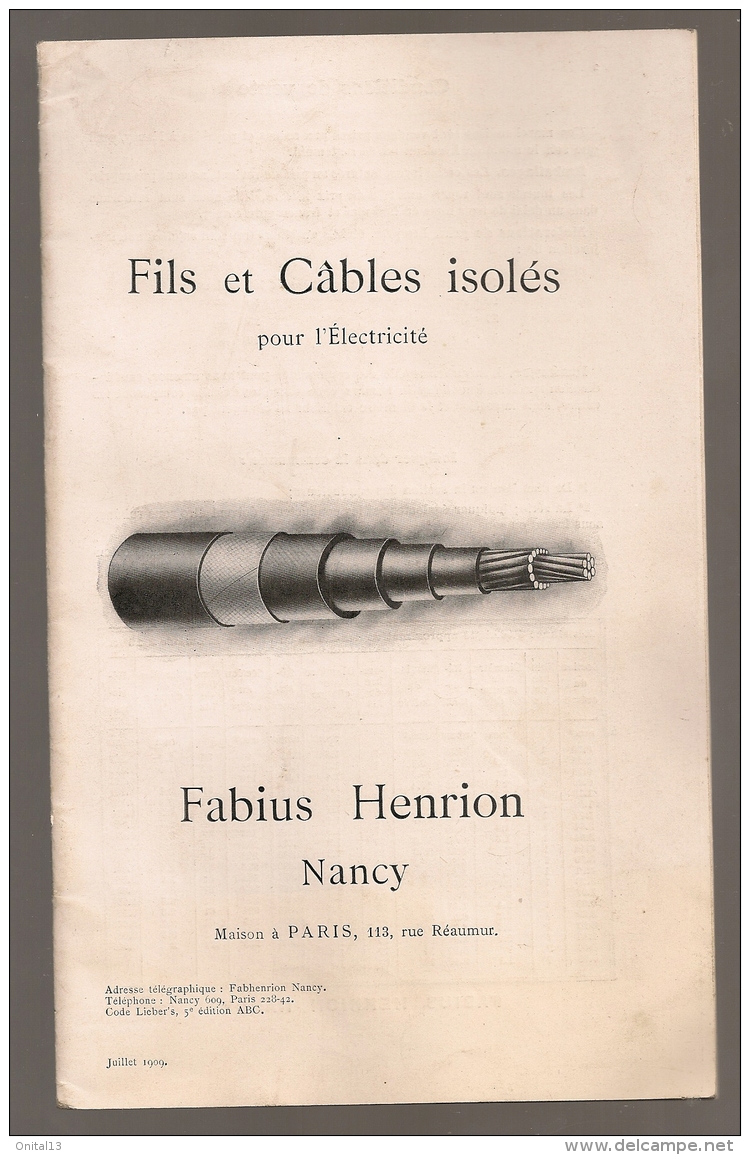 1909 CATALOGUE CATALOGUE  FILS ET CABLES ISOLES POUR L'ELECTRICITE / FABIUS HENRION NANCY - Electricité & Gaz