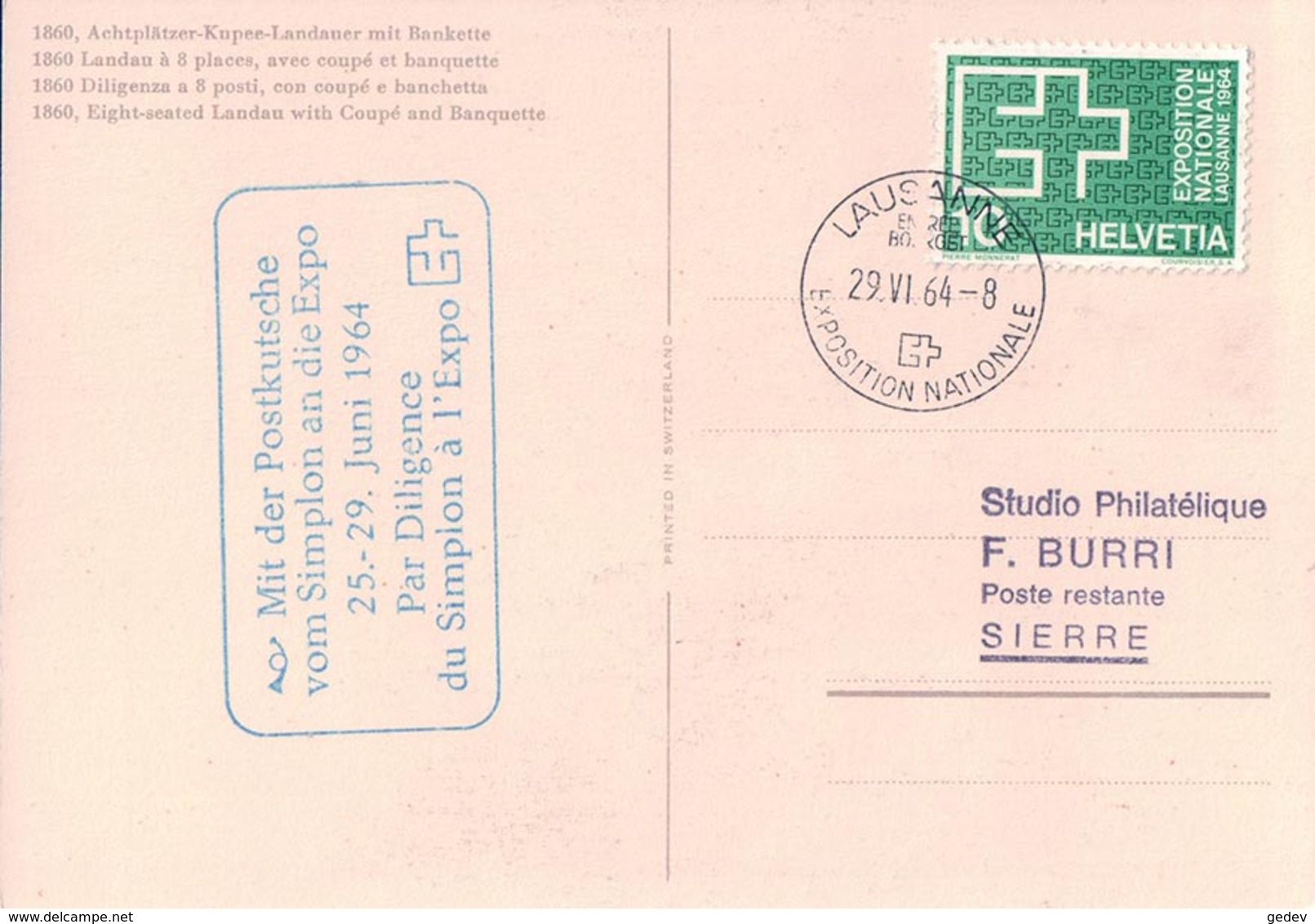 Lausanne Expo 64, Par Diligence Du Simplon à L'Expo + Cachet (29.4.1964) 10x15 - Lausanne