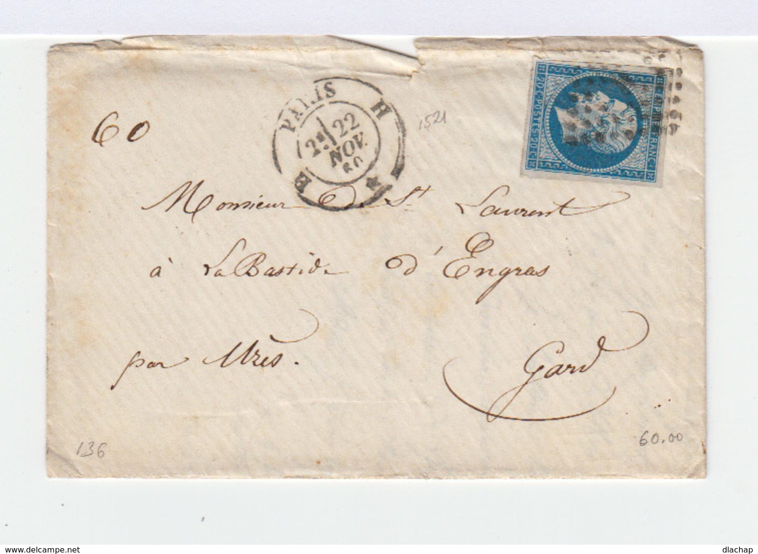 Sur Enveloppe Second Empire Napoléon III Type I 20 C. Bleu. Oblitération Losange. CAD Paris 1860. (746) - 1849-1876: Période Classique