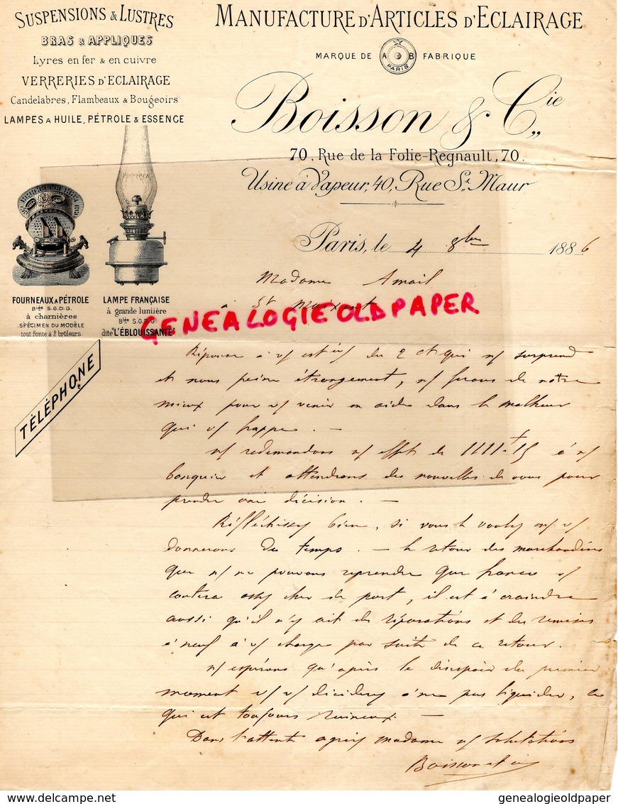 75-PARIS-RARE FACTURE 1886-BOISSON & CIE-MANUFACTURE ARTILES ECLAIRAGE-ELECTRICTE-FOURNEAUX PETROLE-RUE FOLIE MERICOURT - 1800 – 1899