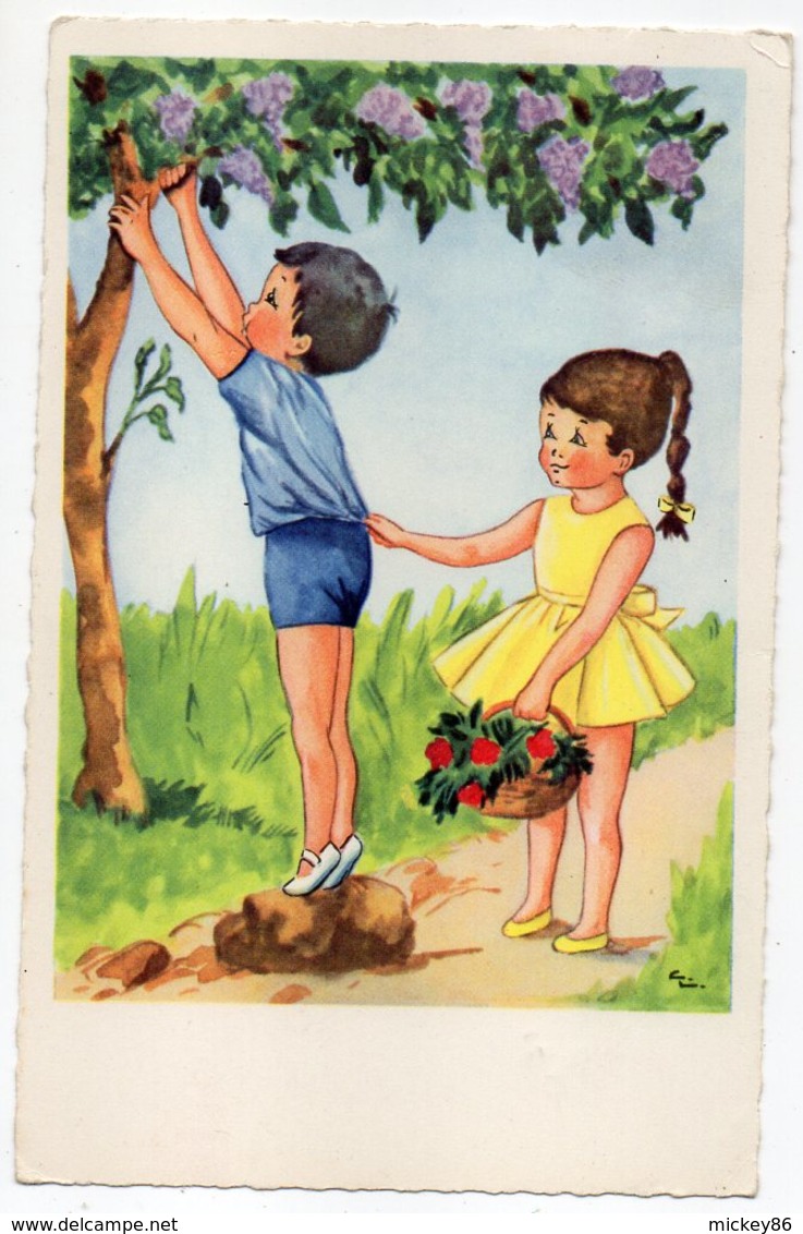 Illustrateur  ??? --carte Signée --  Enfants Cueillant Des Fleurs (lilas)  - - Contemporain (à Partir De 1950)