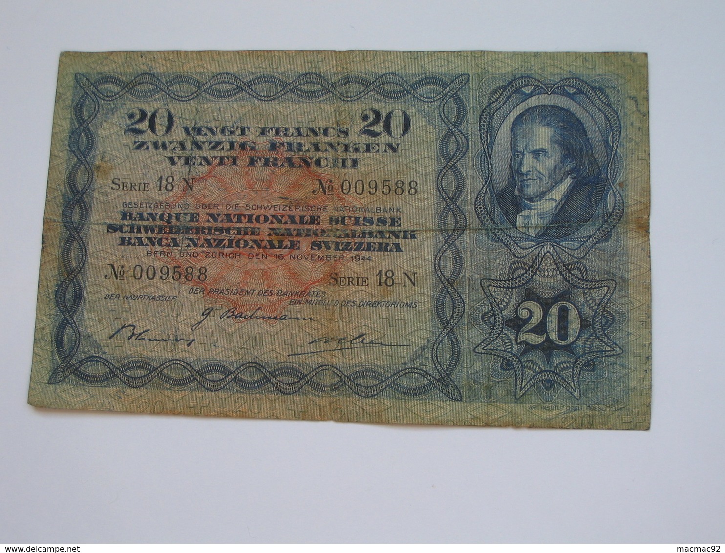 Assez RARE  !!!   20 Frs Suisse 1944 - Banque National SUISSE   **** EN ACHAT IMMEDIAT **** - Suisse