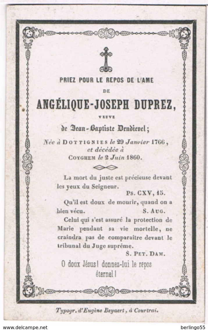 Priez Pour. Duprez Angélique. Veuve. Dendievel Jean-Baptiste. ° Dottignies 1766 &dagger; Coyghem 1860  (2 Scan's) - Religion & Esotérisme