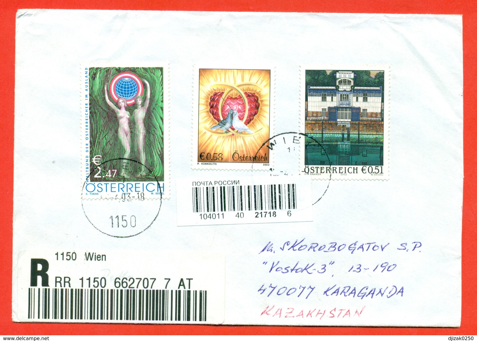 Austria 2003. Austrian Abroad, Moderne Art. Greeting Stamp.Registered Envelope Passed Mail. - Lettres & Documents