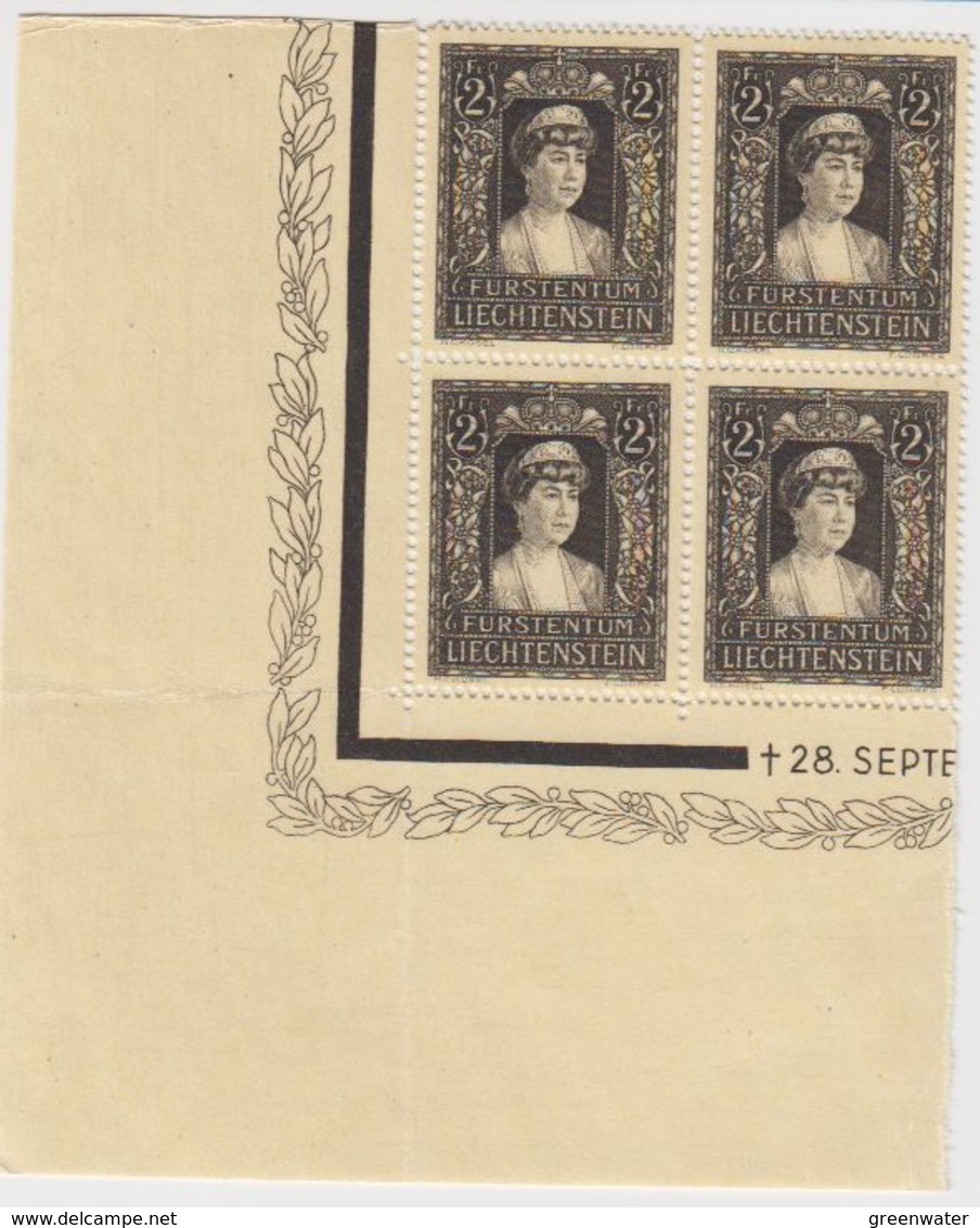 Liechtenstein 1947 Trauermarke Fürstin Elsa 1v Bl Of 4 (corner)  ** Mnh (40981D) - Ongebruikt