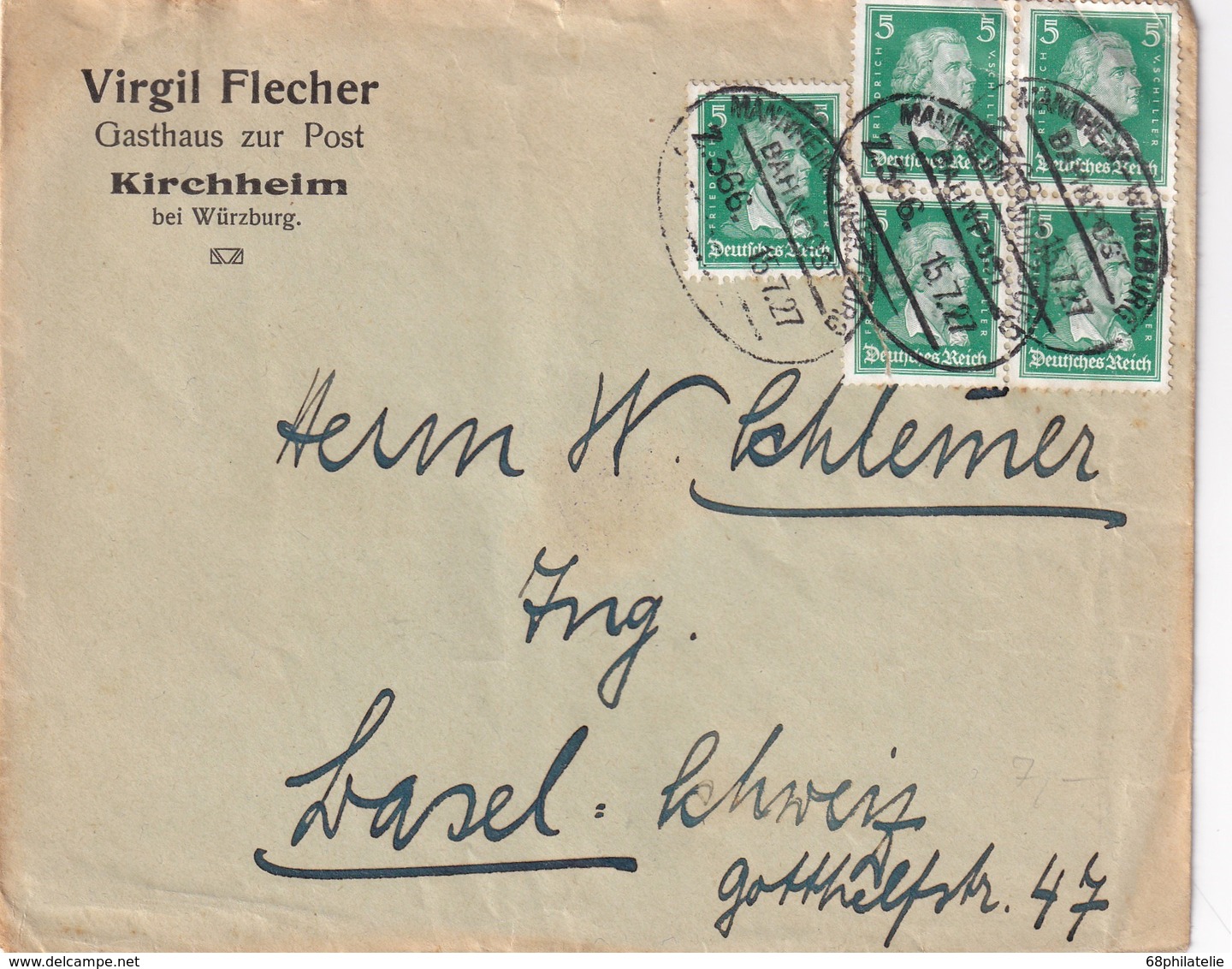 ALLEMAGNE 1927LETTRE DE KIRCHHEIM CACHET FERROVIAIRE/BAHNPOST MANNHEIM-WÜRZBURG - Briefe U. Dokumente