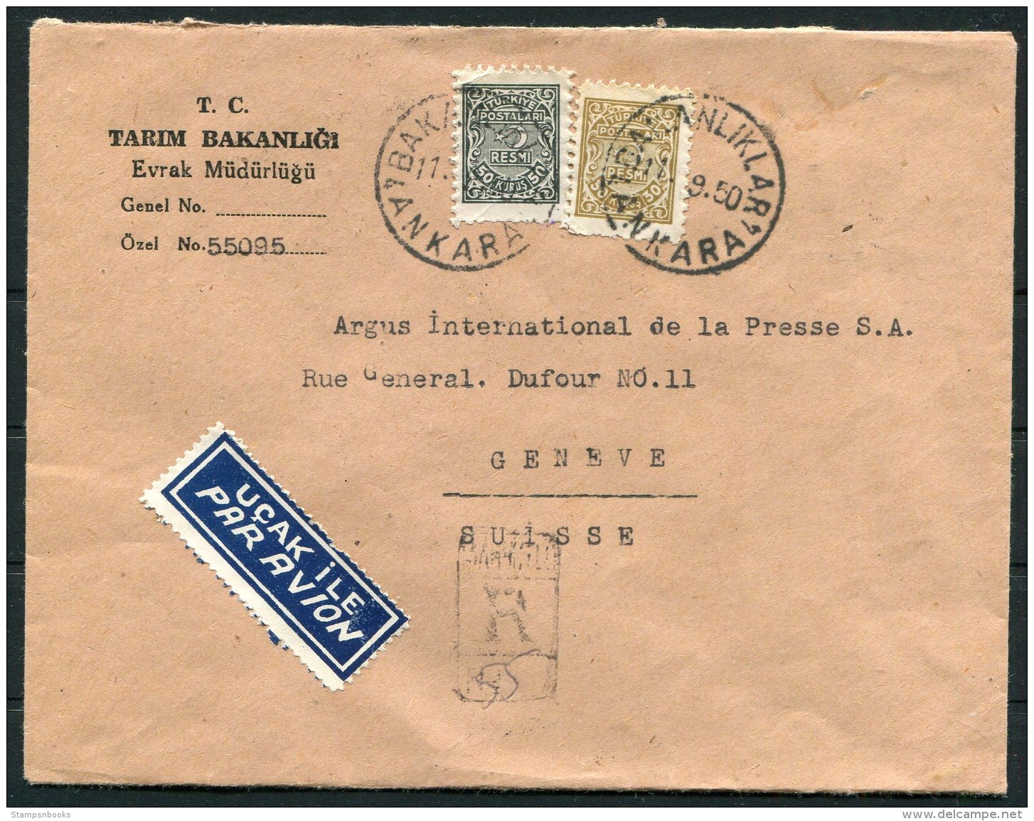 1950 Turkey Agriculture Ministry Registered Airmail Cover Ankara -  Argus Press Agency, Geneva Switzerland - Covers & Documents