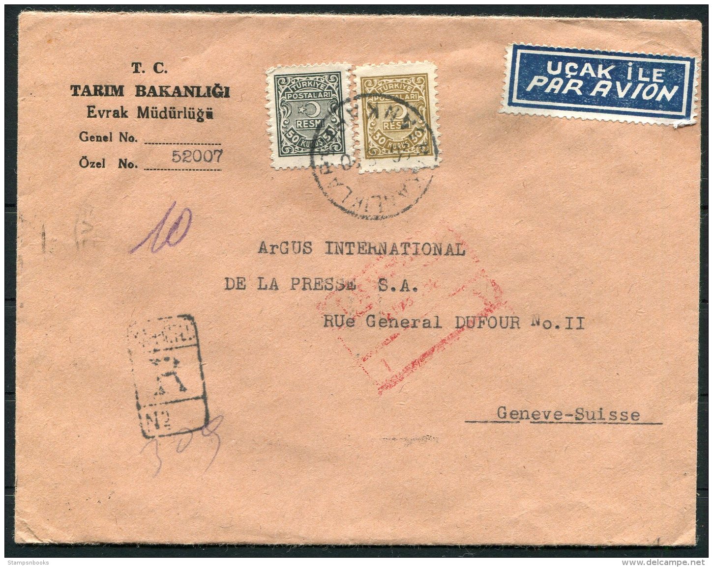 1950 Turkey Agriculture Ministry Registered Airmail Cover Ankara -  Argus Press Agency, Geneva Switzerland - Covers & Documents