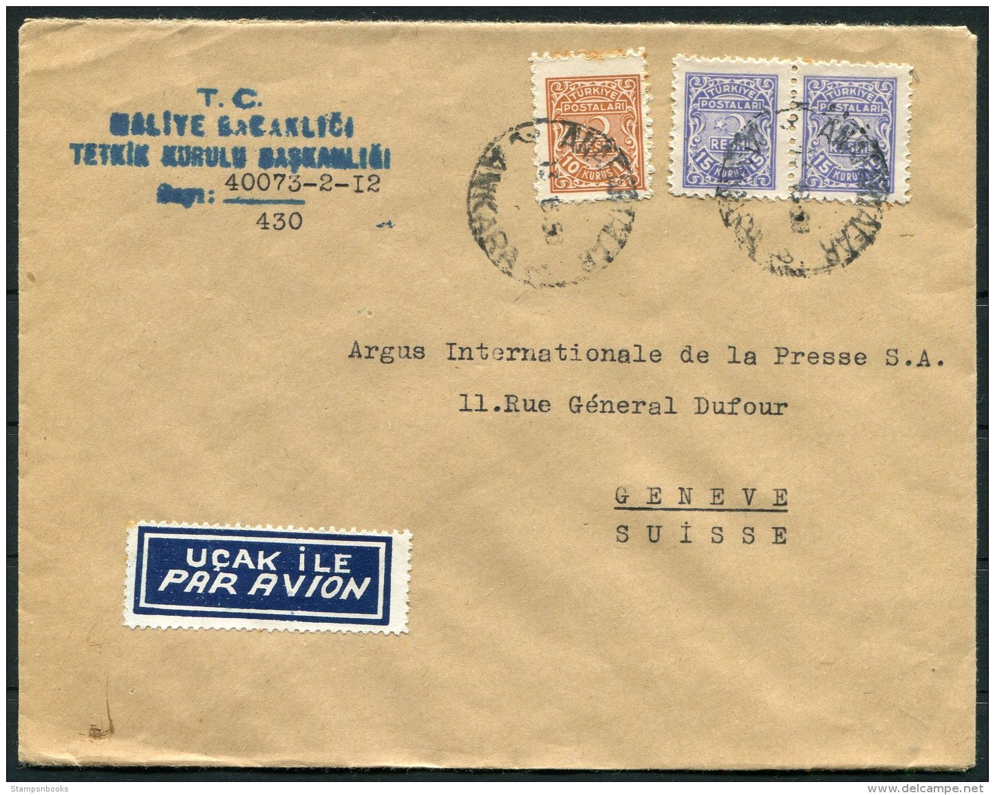 1950 Turkey Government Ministry Airmail Cover Ankara -  Argus Press Agency, Geneva Switzerland - Covers & Documents