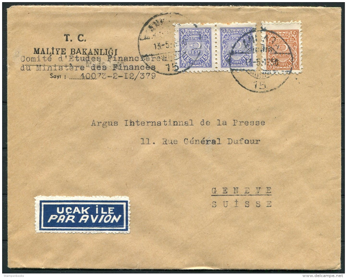 1950 Turkey Government Finance Ministry Airmail Cover Ankara -  Argus Press Agency, Geneva Switzerland - Covers & Documents