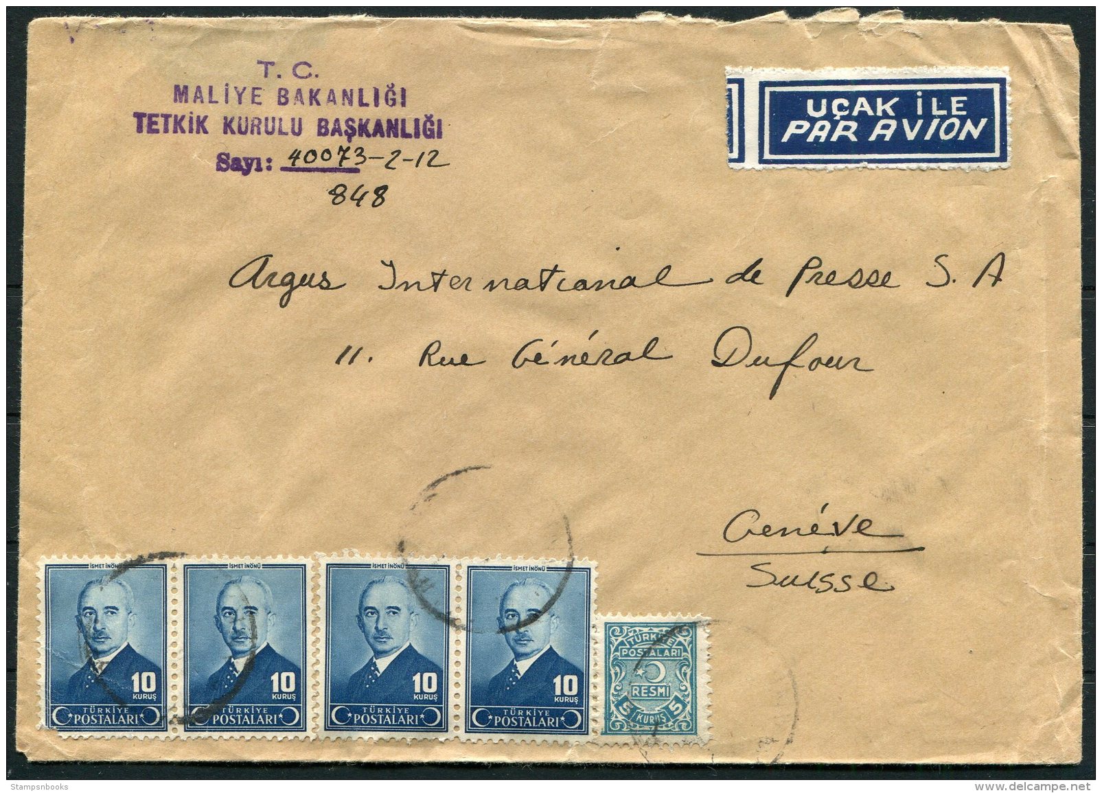 1948 Turkey Government Ministry / Maliye Bakanligi Airmail Cover Ankara -  Argus Press Agency, Geneva Switzerland - Covers & Documents
