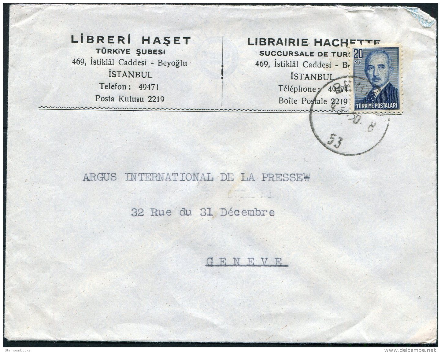 1950 Turkey Librairie Hachette Publisher, Istanbul Cover -  Argus Press Agency, Geneva Switzerland - Covers & Documents