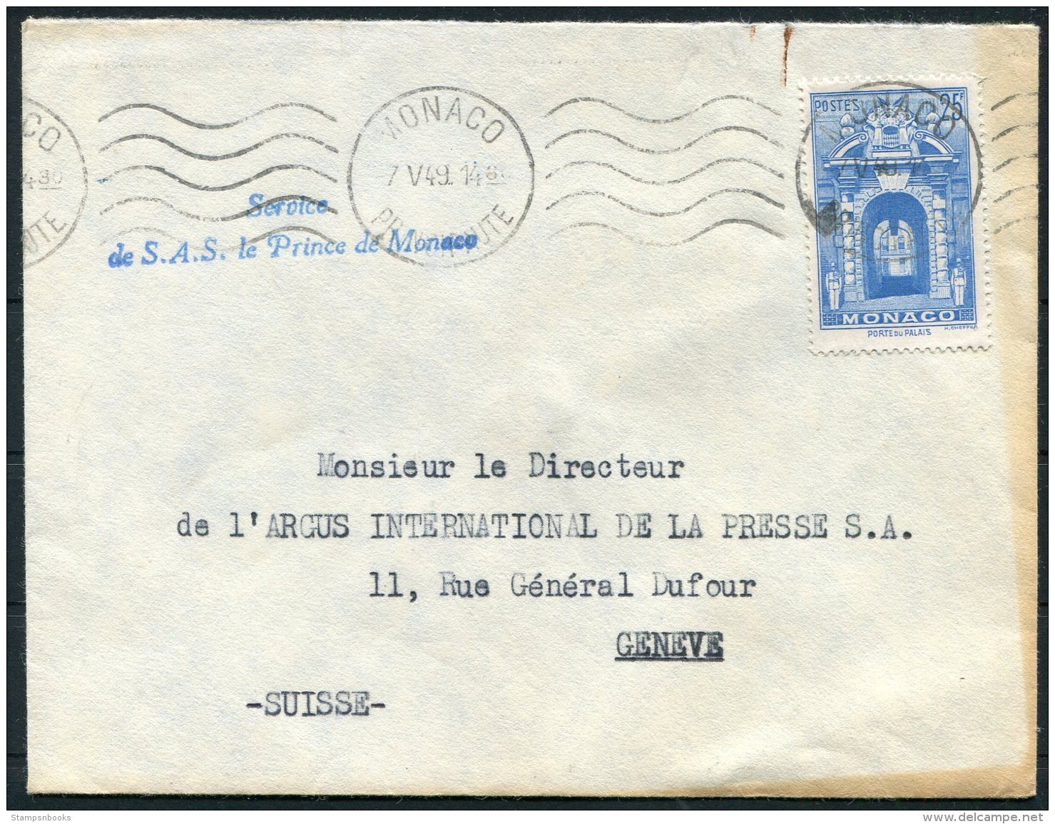 1949-50 Monaco 3 Covers 'Service De S.A.S. Le Prince De Monaco'-  Argus Press Agency, Geneva Switzerland. Diplomatic - Covers & Documents