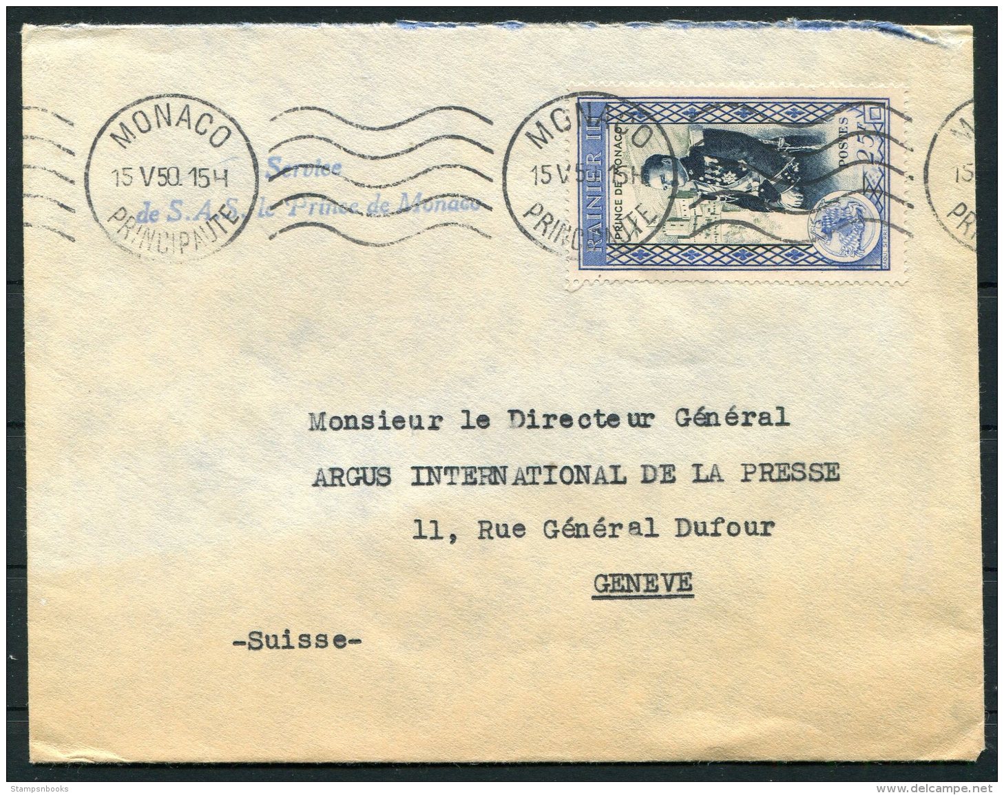 1949-50 Monaco 3 Covers 'Service De S.A.S. Le Prince De Monaco'-  Argus Press Agency, Geneva Switzerland. Diplomatic - Covers & Documents