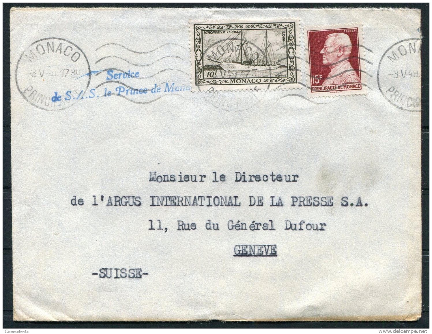 1949-50 Monaco 3 Covers 'Service De S.A.S. Le Prince De Monaco'-  Argus Press Agency, Geneva Switzerland. Diplomatic - Covers & Documents