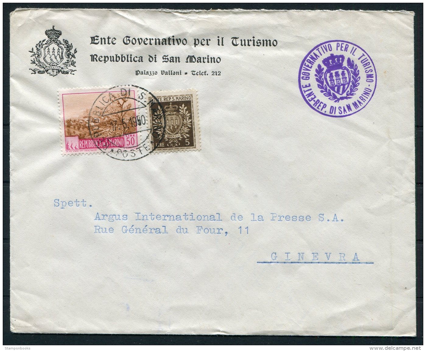 1950 San Marino Tourism Ministry, Government Official Cover - Argus Press Agency, Geneva Switzerland - Covers & Documents