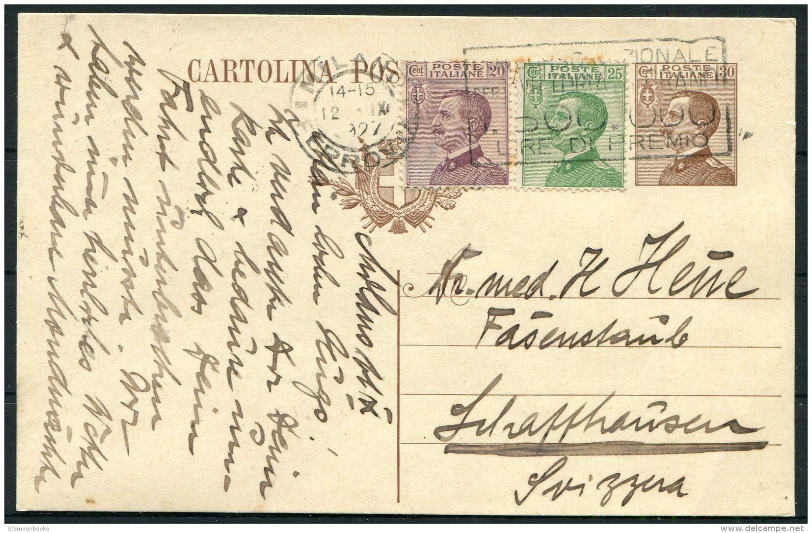 1927 Italy Uprated Stationery Postcard Milan - Switzerland. Lire Di Premio - Marcophilia
