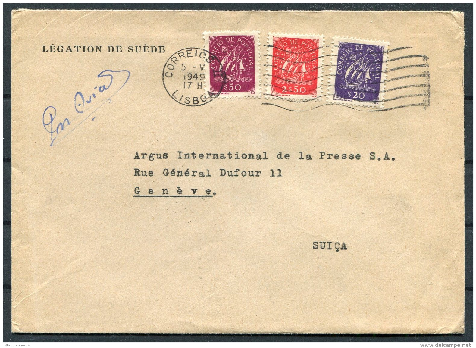 1949 Portugal Swedish Sweden Legation De Suede, Airmail Cover Lisboa - Argus Press Agency, Geneva Switzerland. - Covers & Documents