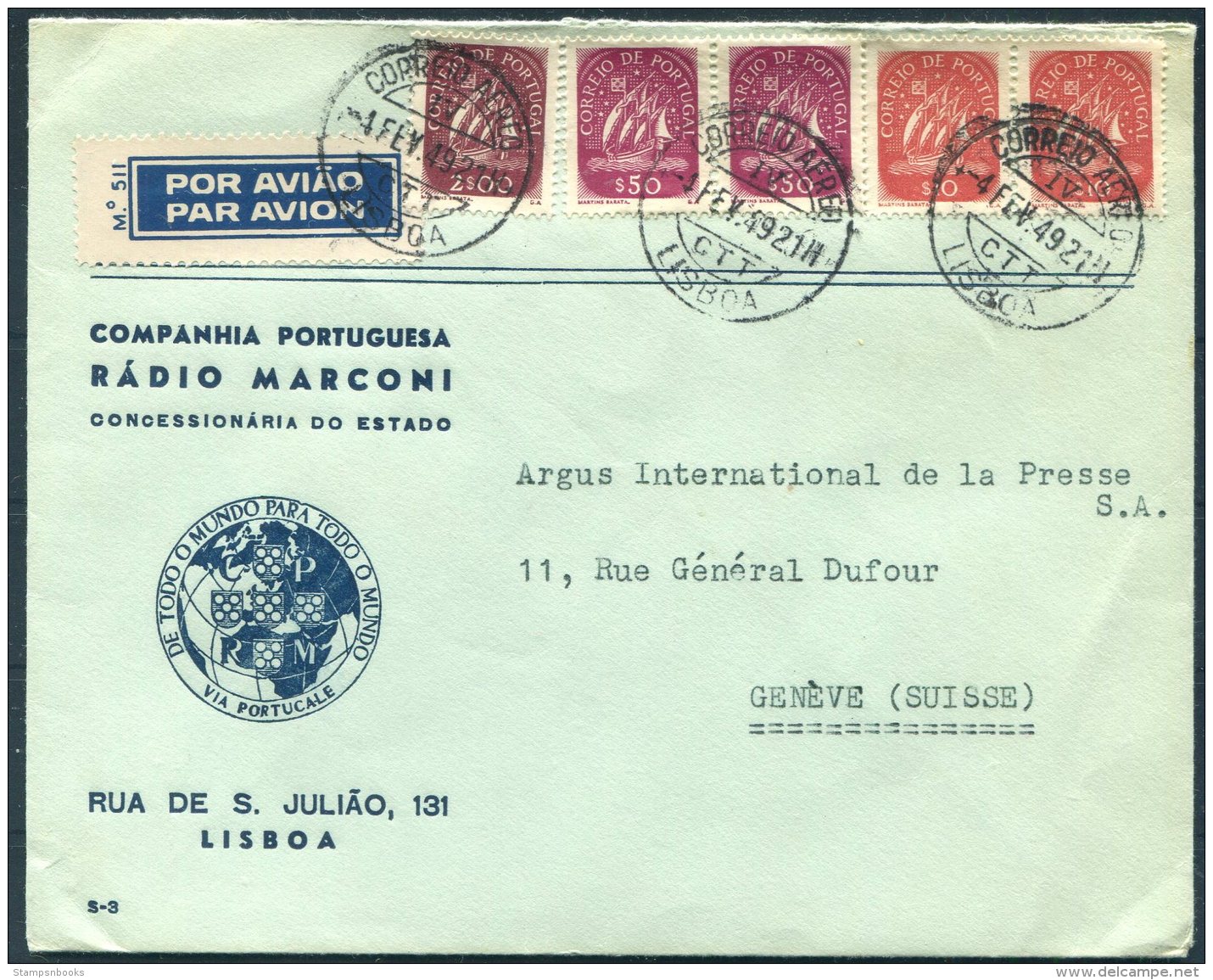 1949 Portugal Marconi Radio Illustrated Airmail Cover Lisboa - Argus Press Agency, Geneva Switzerland. - Covers & Documents