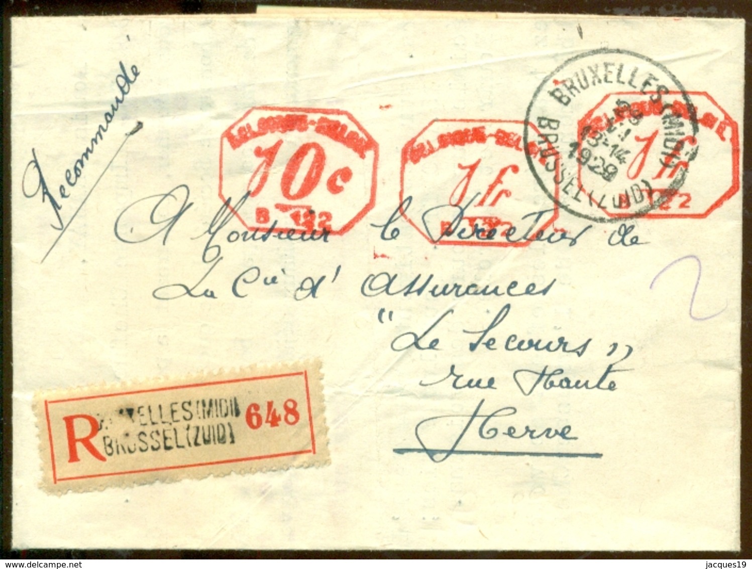 België 1929 Aangetekende Brief Met Machinefrankering Van Soumagne Naar Herve - Covers & Documents