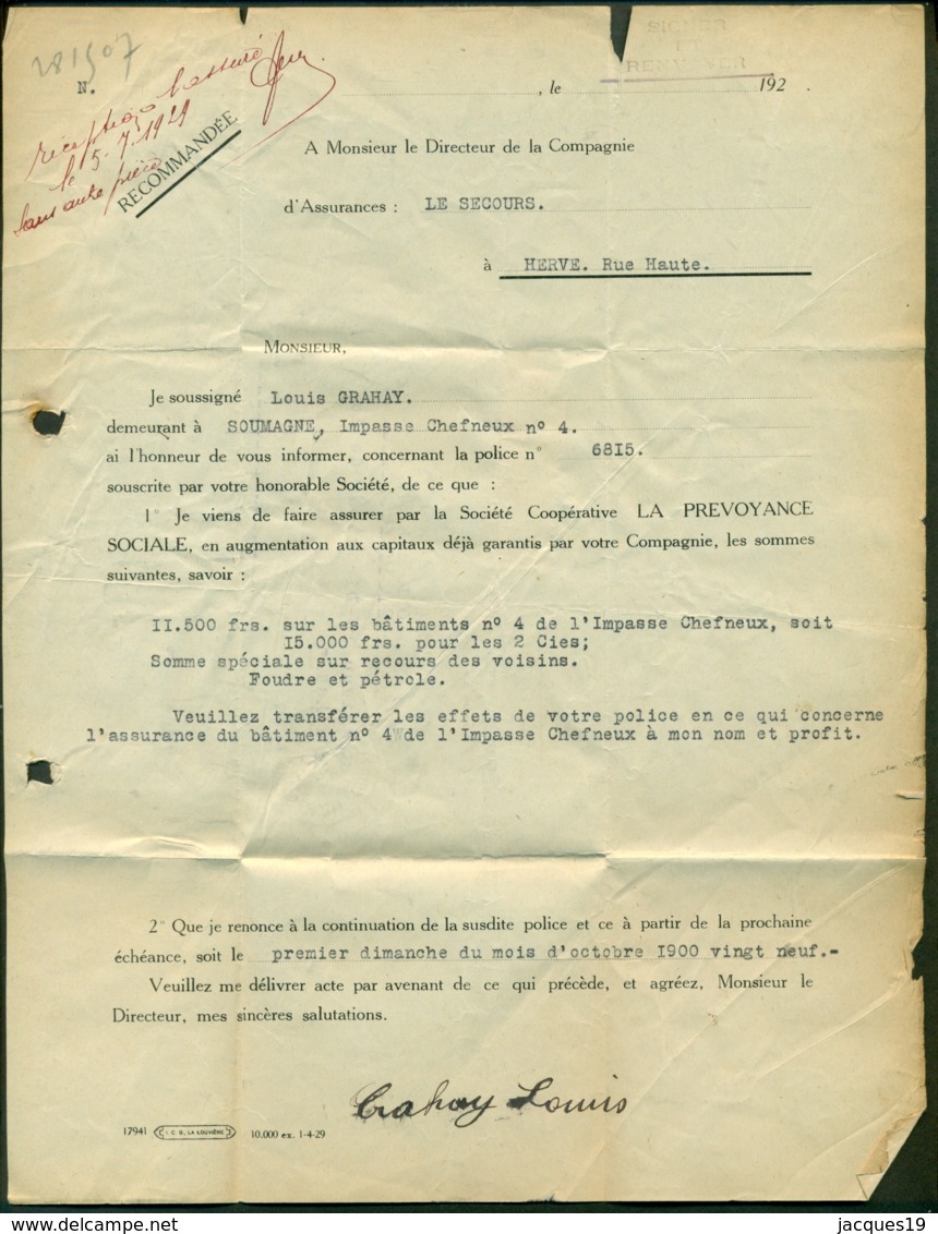 België 1929 Aangetekende Brief Met Machinefrankering Van Soumagne Naar Herve - Covers & Documents