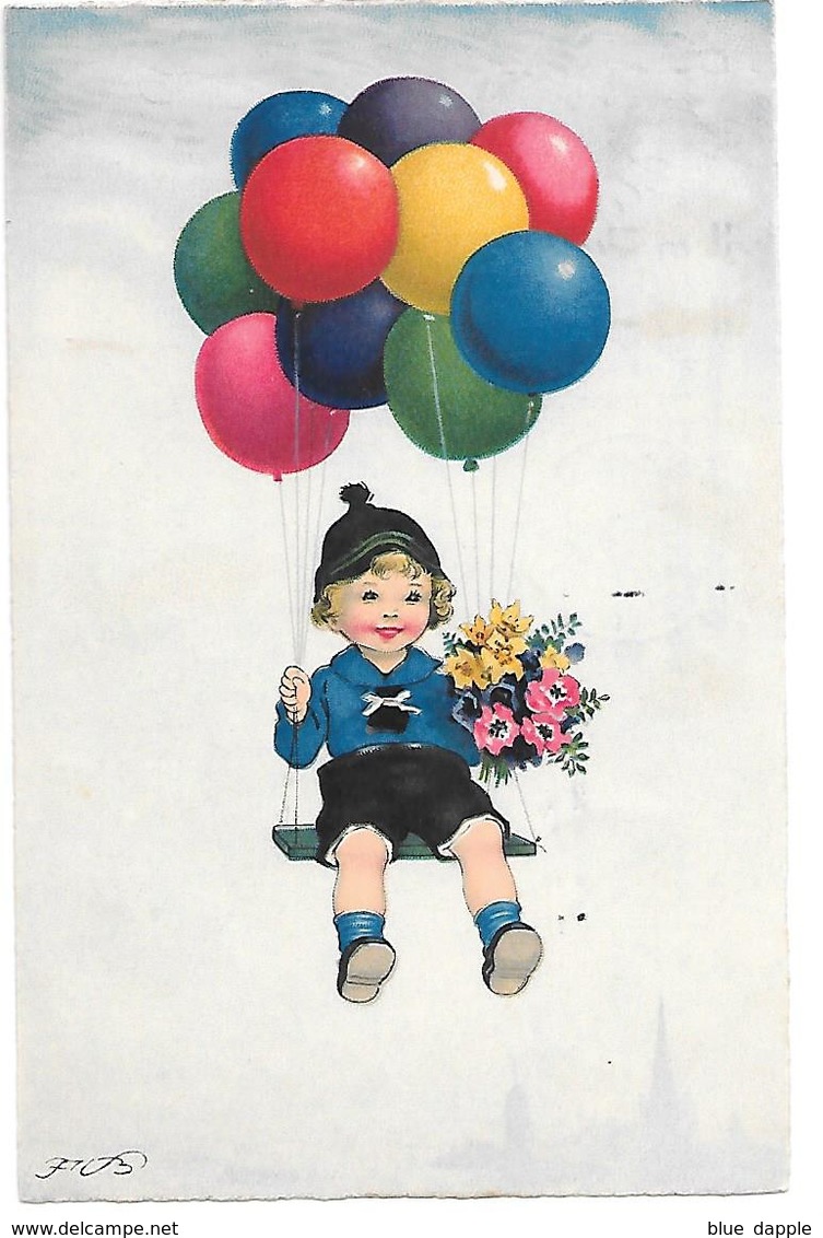 Illustrator - F. Baumgarten  -  Child On Swing With Balloons, Kind Mit Ballons, Enfant, Balançoire - Baumgarten, F.