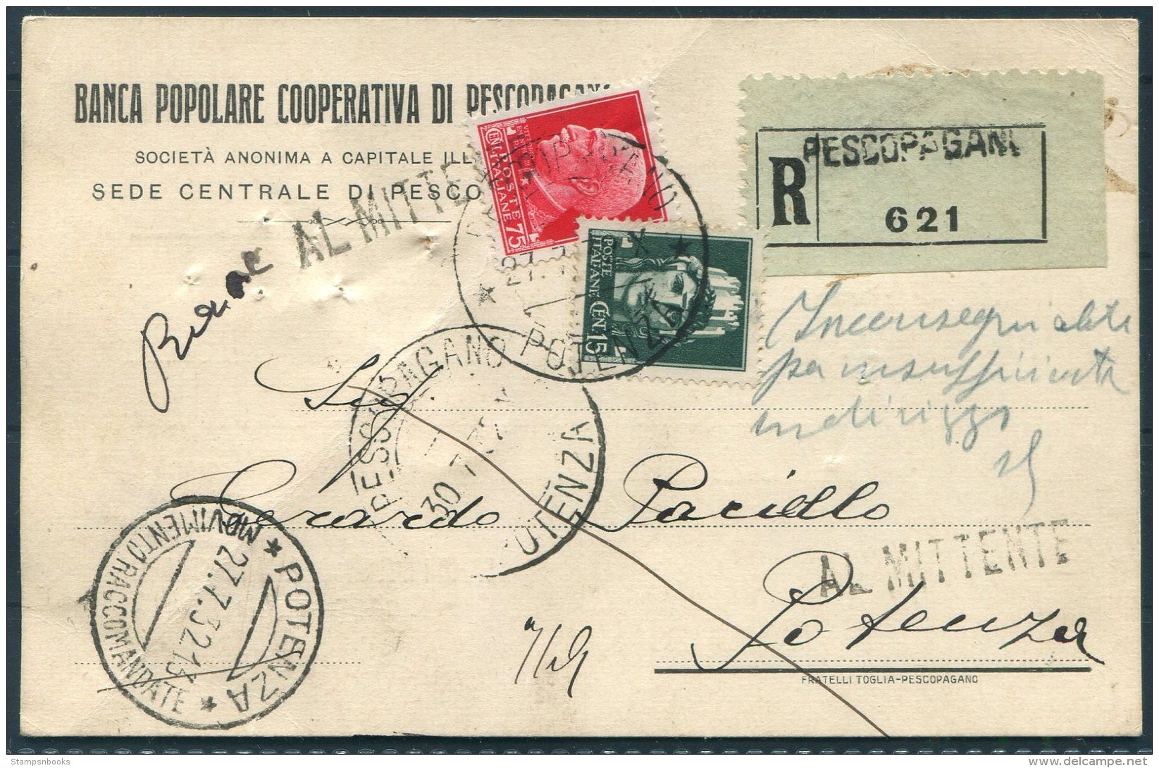 1932 Italy Banco Populare Registered Postcard Pescopagano - Potenza - Marcophilia