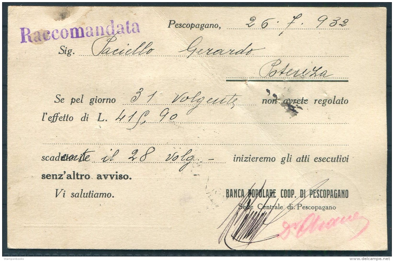 1932 Italy Banco Populare Registered Postcard Pescopagano - Potenza - Marcophilia