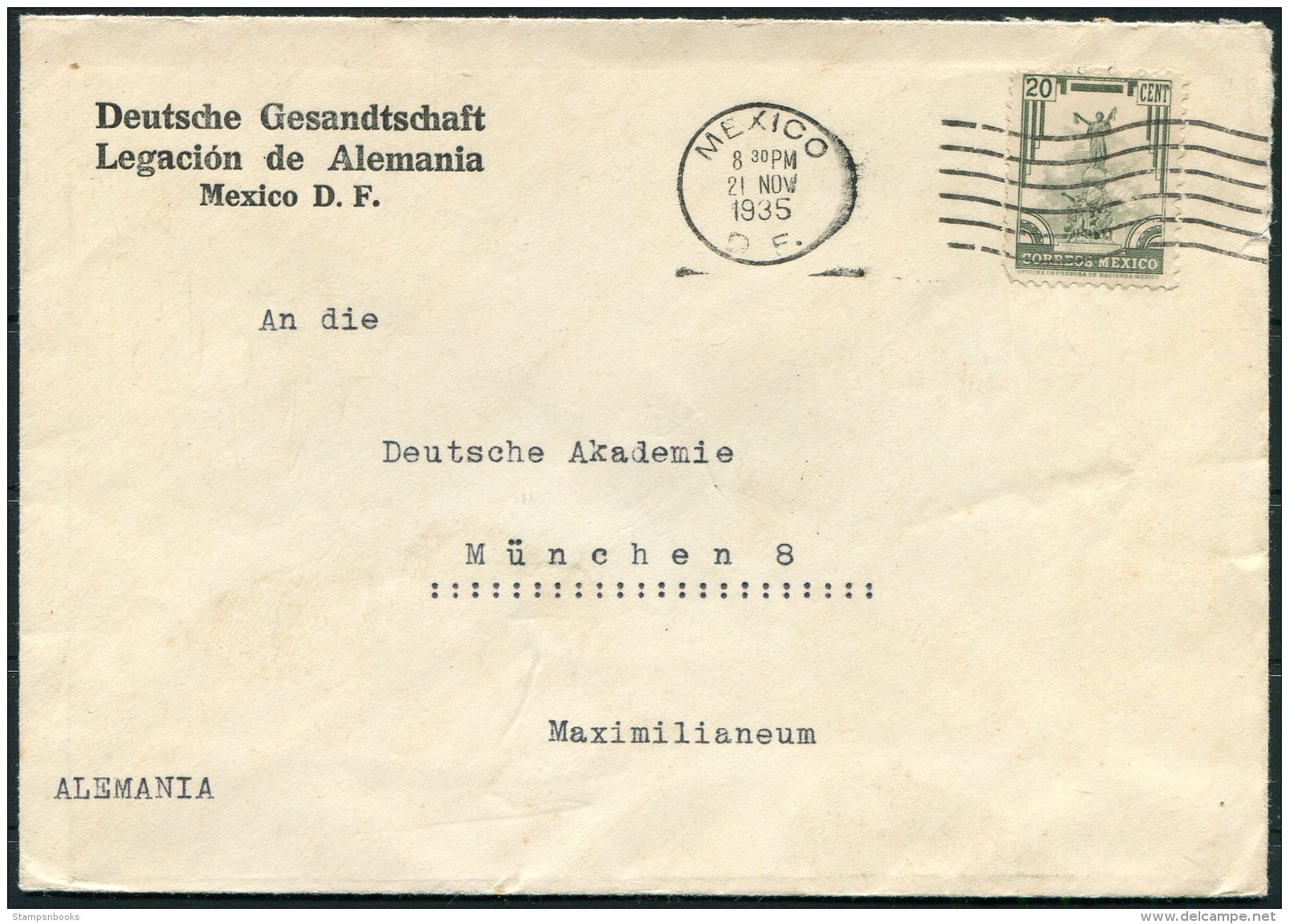 1935 Mexico Deutsche Gesandtschaft, Legacion De Alemania, German Legation Cover - Deutsche Akademie, Munchen Germany - Mexico