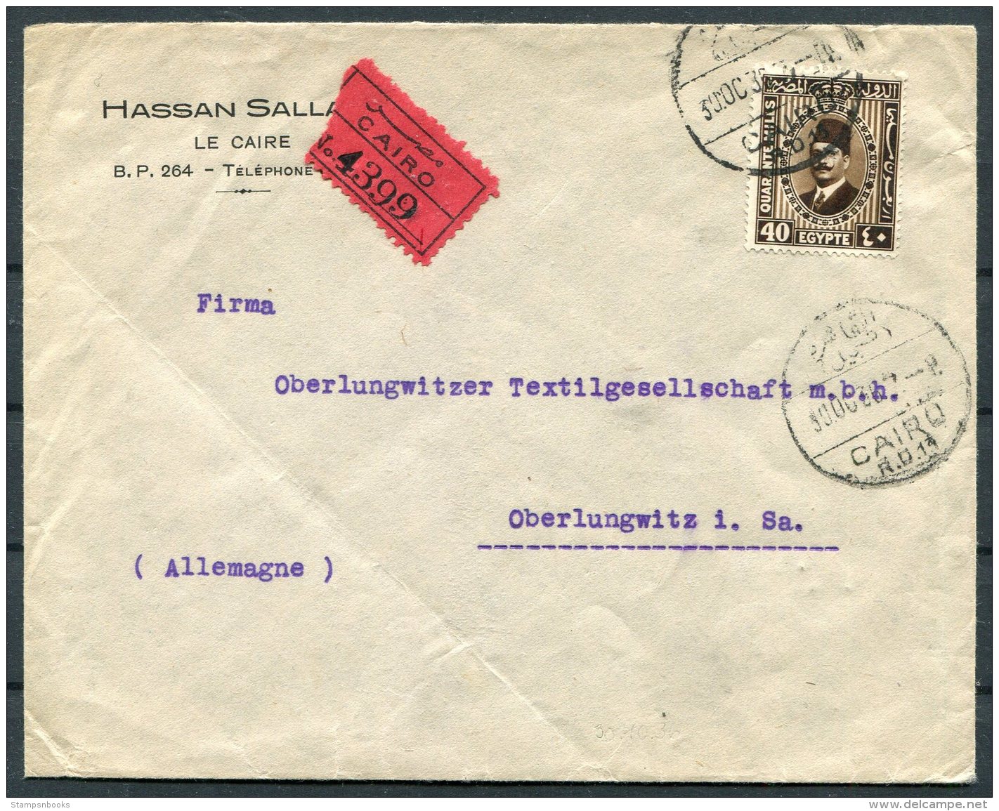 1938 Egypt Cairo Registered Cover - Oberlungwitz Germany - Covers & Documents