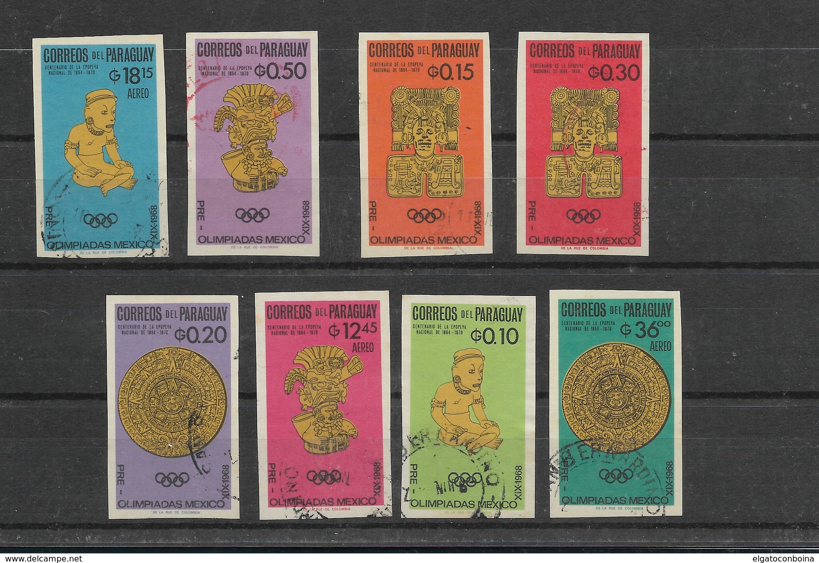 PARAGUAY 1966, OLYMPIC GAMES MEXICO 1966, ARCHEOLOGY, GOLD SCULPTURES. 8 VALUES CPL SET IMPERFORATED USED - Paraguay