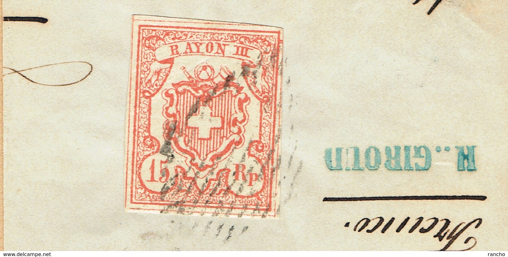 1852 RAYON III TIMBRE OBLITERE SUR FRAGEMENT. C/.S.B.K. Nr:20. Y&TELLIER Nr:23. MICHEL Nr:12. - 1843-1852 Federal & Cantonal Stamps