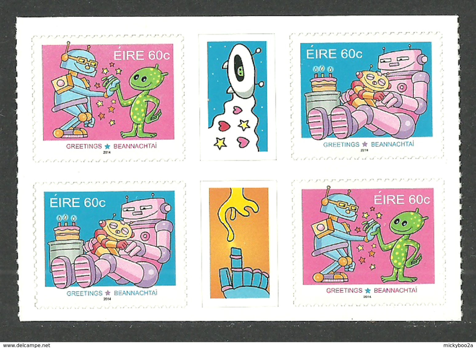 IRELAND 2014 GREETINGS SPACE ROBOTS ALIENS CARTOONS ANIMATION TETE BECHE GUTTER PAIR WITH LABELS MNH - Neufs