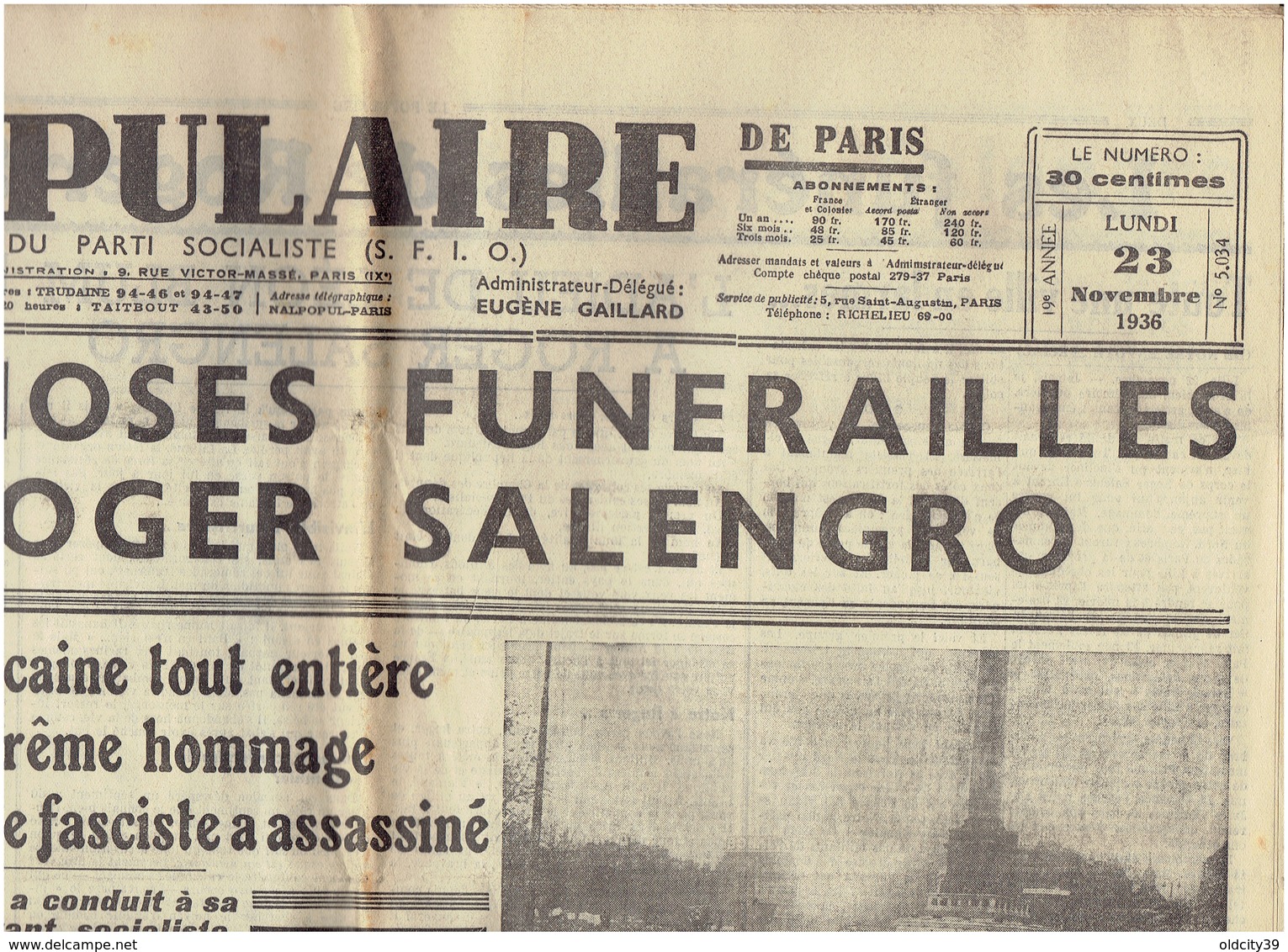 Le POPULAIRE Du 23 Novembre 1936 : Funérailles De SALENGRO - Other & Unclassified