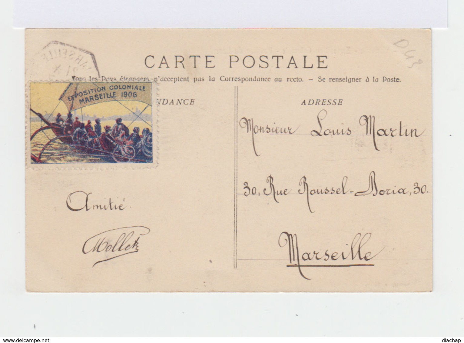 Carte Postale Marseille Vignette Exposition Coloniale. CAD Hexagonal Exposition Coloniale 1906. (763) - Cachets Manuels