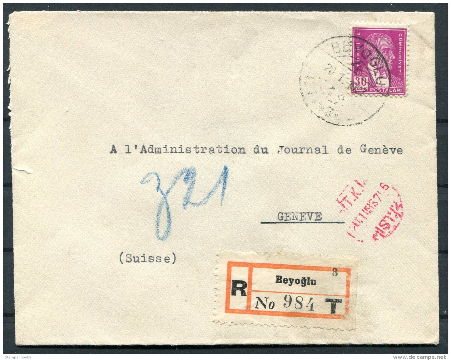 1937 Turkey Beyoglu Registered Cover - Journal De Geneve, Geneva Switzerland - Brieven En Documenten