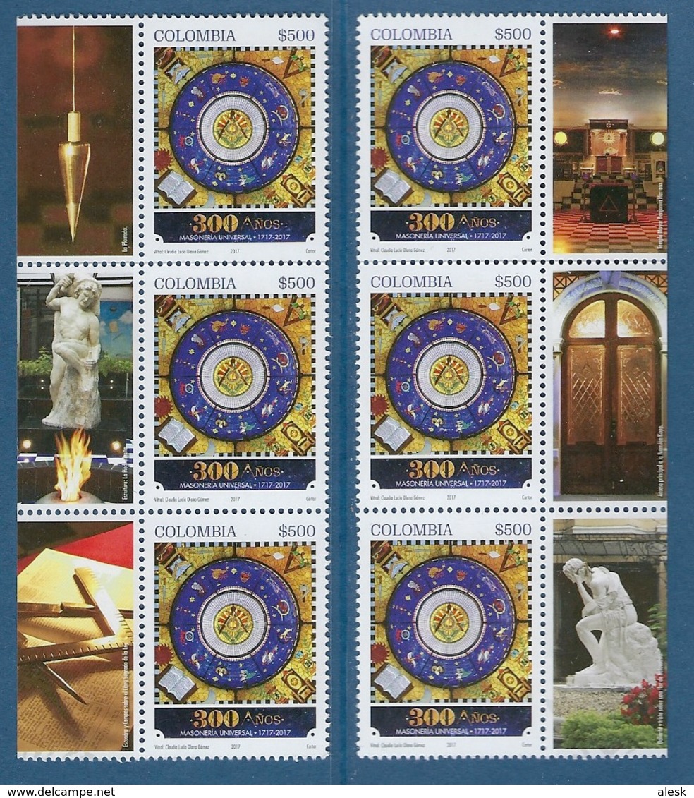 FRANC-MAÇONNERIE - MASONIC - Colombie 2017 - 300ans De La Présence Maçonnique - Lot 6 Timbres + Vignettes Symboliques - Massoneria