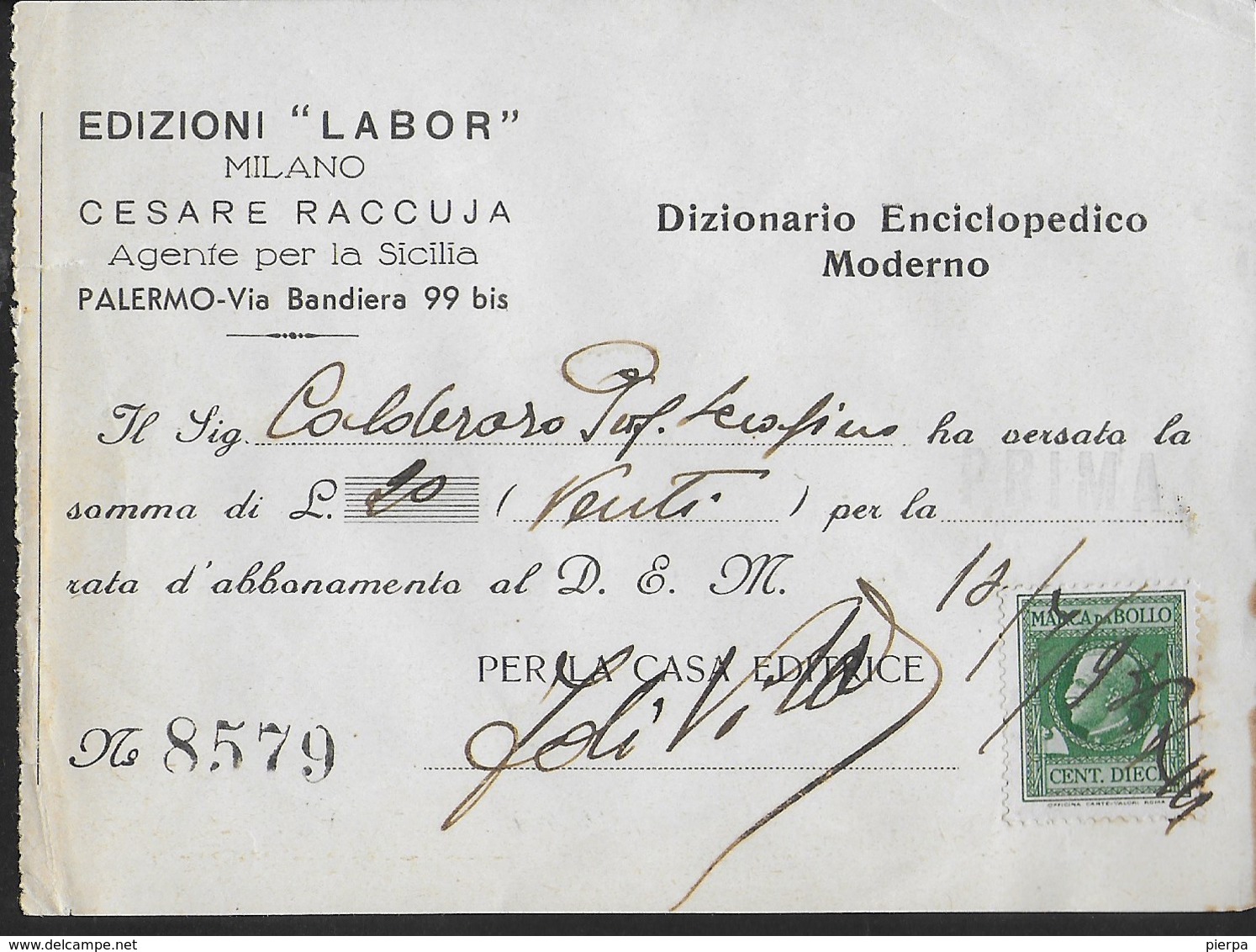 RICEVUTA EDIZIONI LABOR - DIZIONARIO ENCICLOPEDICO MODERNO - MARCA DA BOLLO CENT 10 - Italy