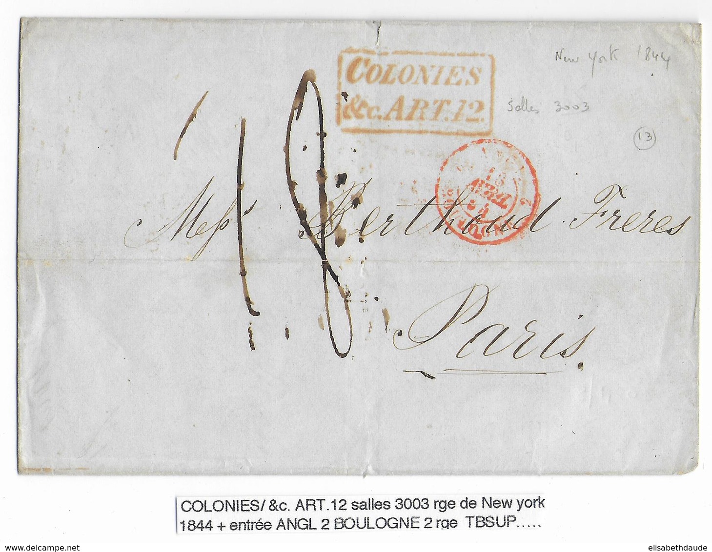 1844 - MARITIME - COLONIES & C. - LETTRE De NEW YORK (USA) => PARIS Avec ENTREE Par BOULOGNE - Marques D'entrées